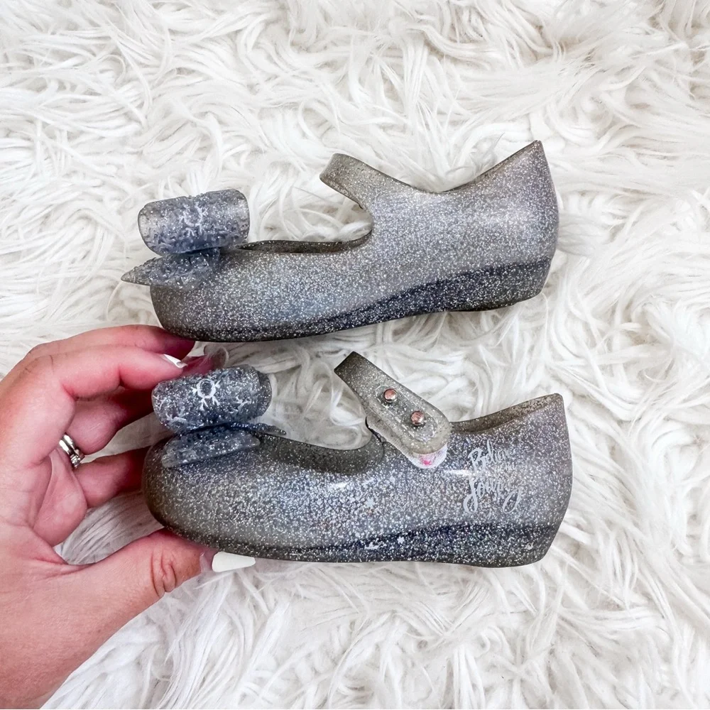Mini Melissa Disney Frozen Glitter Silver Bow Mary Jane Shoes